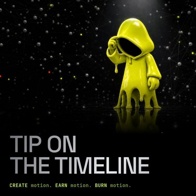 A 3D render of a glossy yellow hooded figure with a melting base against a starry network background, featuring the text 'TIP ON THE TIMELINE' and 'CREATE motion. EARN motion. BURN motion.'