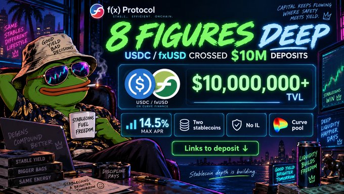 Promotional graphic for f(x) Protocol titled '8 FIGURES DEEP,' announcing that USDC/fxUSD deposits have crossed $10M with a 14.5% max APR and a Curve pool on Curve Finance.