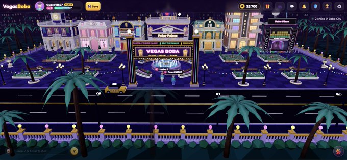A screenshot of the VegasBoba virtual casino/gaming world showing a Vegas Strip-themed environment with casinos like Fisher Palace, Tahoe, and Dubai Glower, with 28,790 currency displayed.