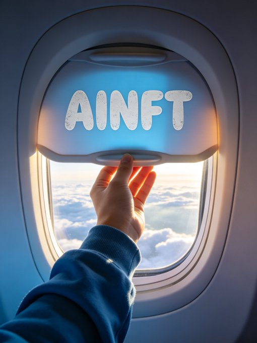 A hand pulls down an airplane window shade emblazoned with "AINFT," symbolizing how AINFT lifts barriers—making high-performance AI tools accessible on-demand via pay-per-use micropayments on the TRON blockchain for users in emerging markets.
