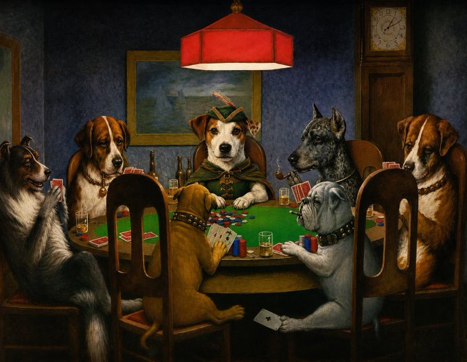 A group of dogs, including one smoking a cigar while holding cards, gather around a poker table beneath a red lampshade and a clock showing approximately 10:10. The poker-themed artwork mirrors the post's playful tone about holding "dog memes" and the $WISHBONE ticker, evoking the "hold and build" mentality of a tight-knit community doubling down on their bets.