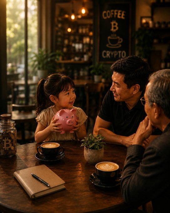 A young girl holding a pink piggy bank sits at a wooden table in a cafe with a man and an older man, with a 'COFFEE B CRYPTO' sign on the wall behind them, alongside coffee cups and a jar of Bitcoin-themed items.