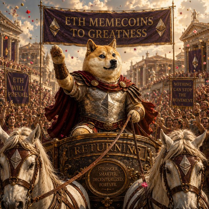 The image features a dog wearing armor, riding on the back of a horse-drawn carriage with banners flying from its mouth. The banner displays the text "Eth Memeconics To Greatness" along with the phrase "Focus on what is in the image and how it relates to the post". This suggests that the scene might be related to a promotional event or campaign for a particular product, service, or idea.