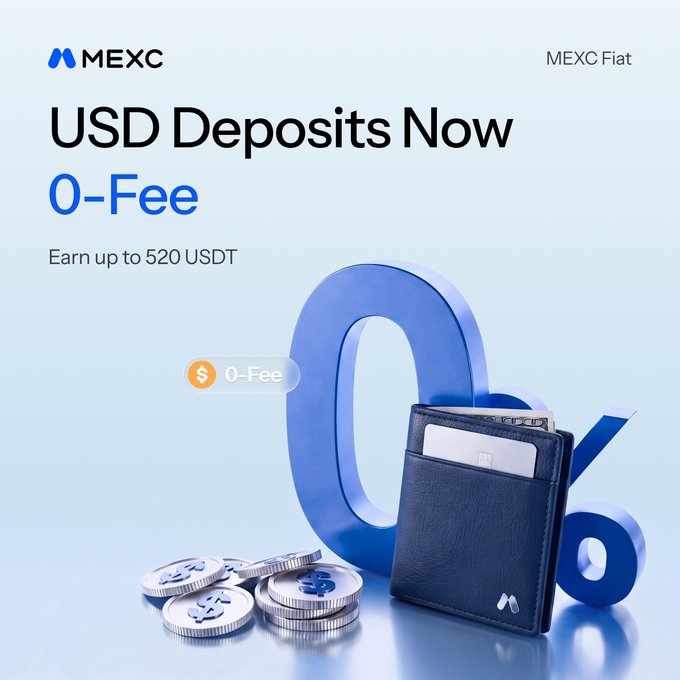A MEXC Fiat promotional banner featuring a blue "0%" graphic, a wallet with cards, and dollar coins, announcing "USD Deposits Now 0-Fee" with the offer to "Earn up to 520 USDT" to celebrate the launch of USD Bank Transfer (SWIFT).