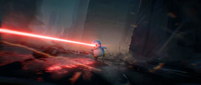 The image features a penguin with a red laser beam coming out of its beak, aimed at a cityscape filled with buildings and rubble. The caption reads "Just go cyclops mode. $PENGU". This suggests that the penguin is in a fighting or combat situation within the game's narrative, possibly representing a character from the video game series "Pengu" by the same artist who created the image.