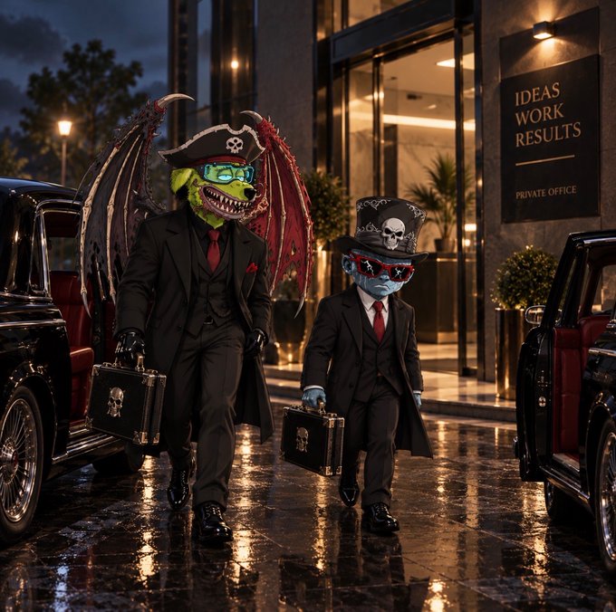 Two fantastical characters in formal suits—one a green dragon-like creature with wings and a pirate hat, the other a blue-skinned figure wearing a skull-decorated top hat and sunglasses—walk carrying skull-adorned briefcases outside an 'IDEAS WORK RESULTS' private office building at night.