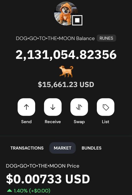 The image shows a smartphone displaying information about an item for sale. The screen features various details such as the total amount of money being paid, which comes out to be $0.007333 US dollars or $1.00,000, and that a dog is selling for $2.13,054,823. Additionally, there are images of dogs in various sizes, with one larger dog positioned centrally on the screen at an angle. A small text box below this image reads "Dog-go-to-the-moon balance." This description suggests that the item being sold is a dog going to the moon for balance purposes and can be purchased using either Bitcoin or ether.