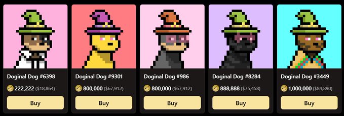 Five pixelated "Doginal Dog" NFT avatars wearing wizard hats are displayed with prices ranging from 222,222 to 1,000,000 coins and a "Buy" button under each.