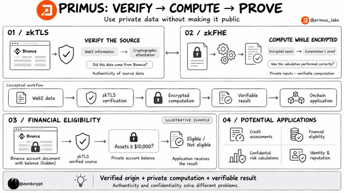This image is an infographic by Primus Labs illustrating their "Verify → Compute → Prove" framework, which combines zkTLS and zkFHE technologies to use private data without making it public. It shows a four-step workflow—from verifying Binance source data via zkTLS, to performing encrypted computations with zkFHE, to a financial eligibility example (e.g., checking if hidden assets exceed $10,000), and finally potential applications like confidential risk calculations and identity reputation. The graphic emphasizes how combining these two privacy technologies enables authenticated, confidential on-chain data use.