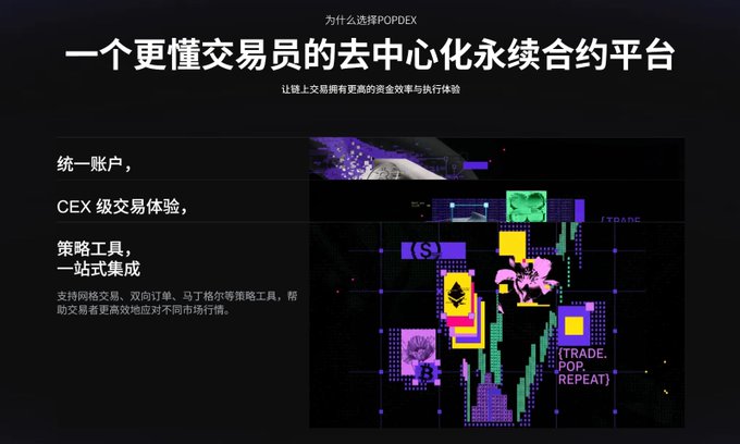 A promotional graphic for POPDEX, a decentralized perpetual contract platform, featuring Chinese text that translates to "A decentralized perpetual contract platform that better understands traders" alongside bullet points highlighting unified accounts, CEX-level trading experience, and one-stop strategy tools (supporting grid, bilateral orders, and Martingale strategy tools). The image relates to the post by showcasing a platform positioned in the Perp DEX space, emphasizing the trading experience and strategy tools that the post discusses as key competitive differentiators beyond raw TPS performance.