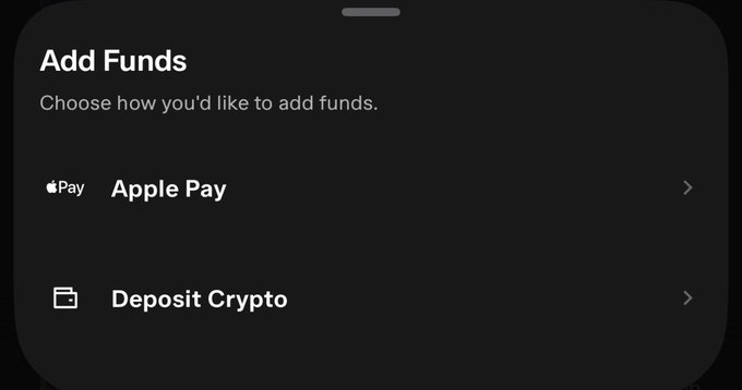 A dark-mode “Add Funds” screen offers two options: “Apple Pay” with an Apple Pay icon and “Deposit Crypto” with a wallet icon, each with a right-facing chevron.