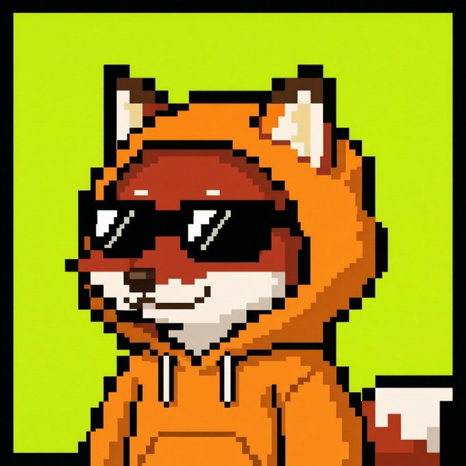 A pixel art fox wearing black sunglasses and an orange hoodie against a bright green background, channeling a confident, builder-style vibe that complements the post's motivational message about being a "builder" and giving away 5 GTD spots.