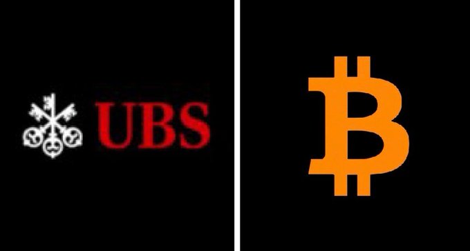 The image shows the UBS logo on the left and the orange Bitcoin "₿" symbol on the right against black backgrounds, visually representing the bank's growing institutional investment in Bitcoin through expanded IBIT call exposure.