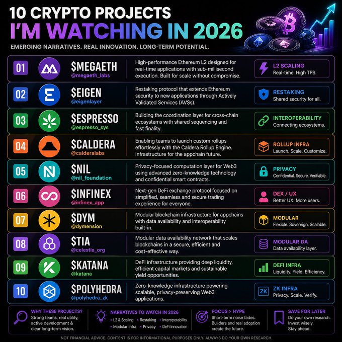 The image is an infographic titled "10 CRYPTO PROJECTS I'M WATCHING IN 2026," featuring projects including $MEGAETH, $EIGEN, $ESPRESSO, $CALDERA, $NIL, $INFINEX, $DYM, $TIA, $KATANA, and $POLYHEDRA, with associated Twitter handles and categorized themes like L2 Scaling, Restaking, Interoperability, and Privacy. It complements the post by visually outlining the infrastructure-focused protocols the author is tracking as potential long-term foundational plays in the evolving crypto landscape.