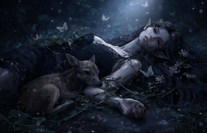 A fantasy illustration showing a pale elf-like woman with pointed ears lying down in a dark forest setting, resting next to a small deer fawn with white butterflies floating nearby.