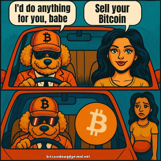 A two-panel comic featuring a Bitcoin-themed dog character in a car. The dog says, 'I'd do anything for you, babe,' and the woman replies, 'Sell your Bitcoin.' The bottom panel shows the dog driving away with a large Bitcoin logo while the woman looks on sadly, signed 'bitcoindawg@primal.net'.