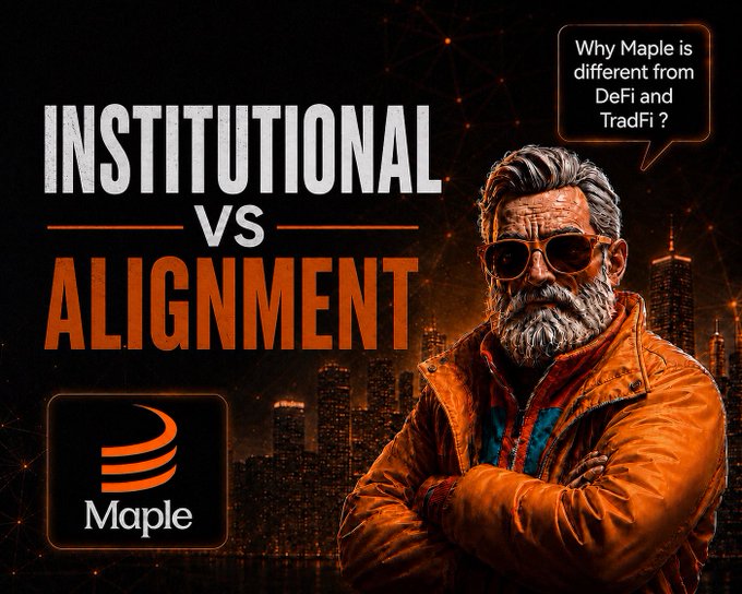A promotional graphic titled "INSTITUTIONAL vs ALIGNMENT" features a bearded man in an orange jacket and a speech bubble asking "Why Maple is different from DeFi and TradFi?" with the Maple logo displayed.