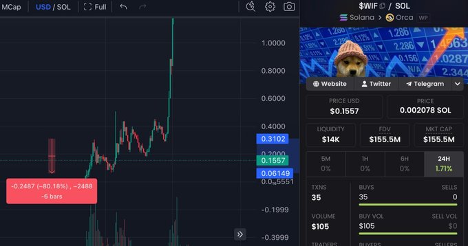 The image shows a trading chart for "$WIF" token paired with SOL on what appears to be a Solana-based DEX, displaying a price of $0.1557 (0.002078 SOL) with a massive spike upward on the candlestick chart despite a -60.18% drop shown on a recent candle. The token features a Shiba Inu dog wearing a beanie hat and shows $14K liquidity with $155.5M FDV and $155.5M market cap. This appears to be shared as an example of volatile, hype-driven meme coin trading—the poster is mocking traders chasing such pumps while advocating for $CASHCAT as a more genuine long-term conviction play.