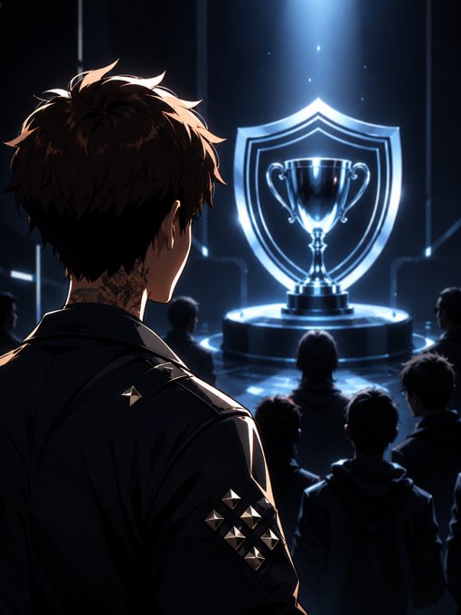 An anime-style digital artwork showing a brown-haired character from behind, looking toward a glowing trophy displayed on a pedestal within a shield emblem, surrounded by silhouetted figures in a dark arena.