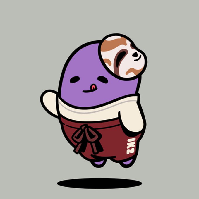A cute cartoon character with a purple hood, white body, and maroon pants, with a stylized face design on the top of its head.