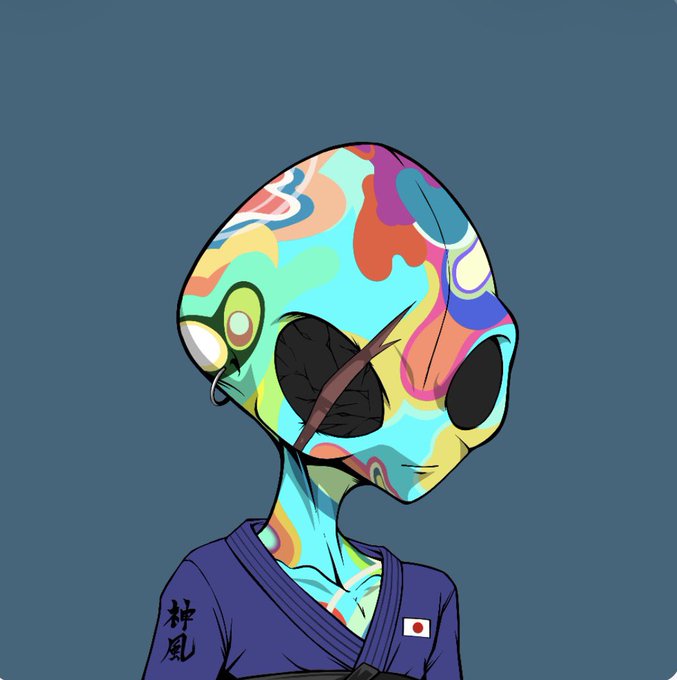 A colorful digital illustration of an alien-like figure with vibrant swirling patterns, wearing a dark martial arts uniform featuring a Japanese flag patch and Asian characters on the sleeve.