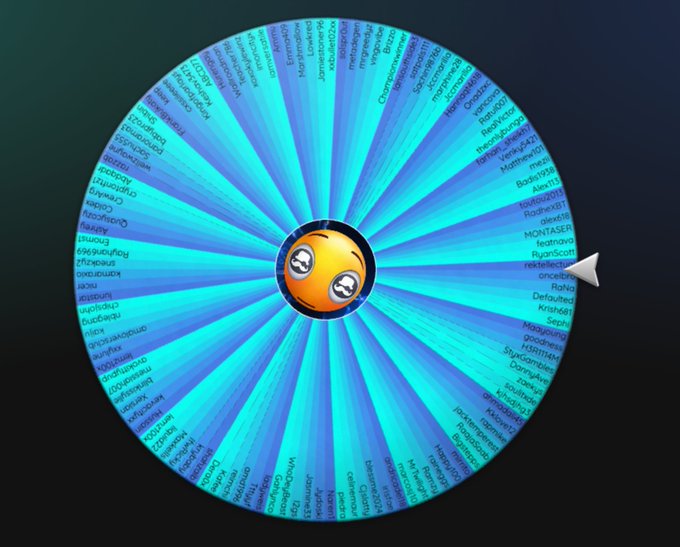 A digital spinning prize wheel filled with various usernames on a blue background, featuring an emoji with wide eyes in the center.