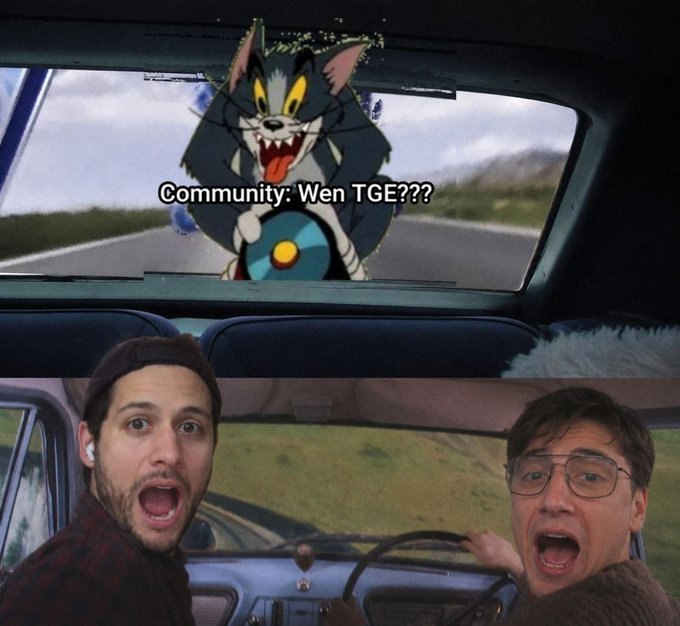 A meme using the 'Tom and Jerry car scene' template shows an excited Tom the cat through the windshield with the text 'Community: Wen TGE???', while two men in the foreground react with shocked expressions.