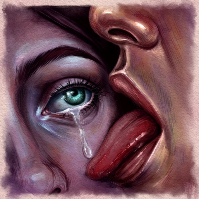 A digital painting showing a close-up of a face with a tear rolling from a vivid green eye, juxtaposed with dark red lips and abstract facial features.