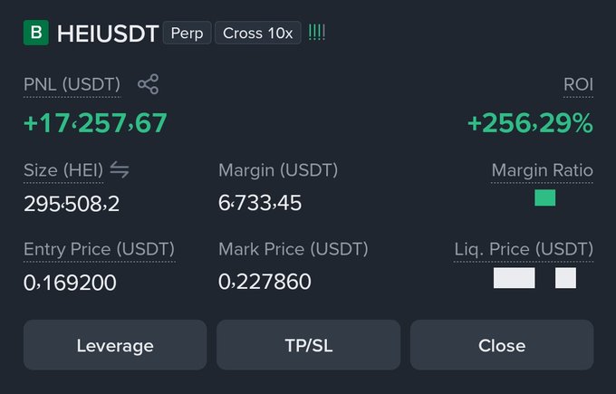 A screenshot of a HEIUSDT perpetual position showing an unrealized PNL of +17,257.67 USDT (+256.29% ROI) on a long position with 10x cross leverage, confirming the trader's recent profitable hold despite acknowledging the position is deeper than their prior one.