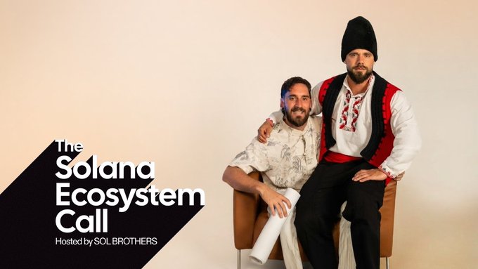 The image displays a promotional graphic for "The Solana Ecosystem Call," hosted by SOL BROTHERS, featuring two men posing together, which relates to an announcement about "$20,000 USDC Missing" and a live session scheduled for Thursday at 2 PM UTC.