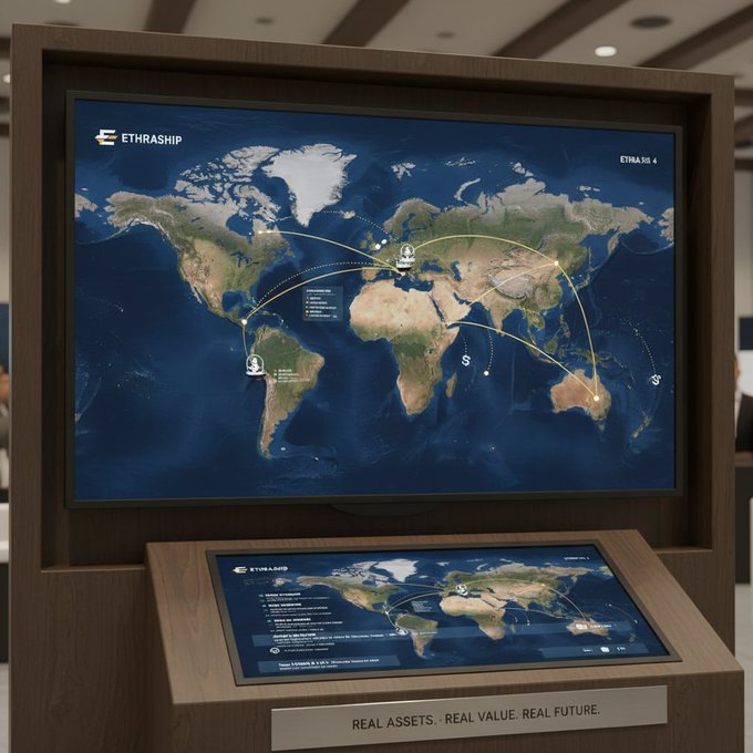 A digital kiosk at an expo displays "ETHRASHIP" branding alongside a large world map with maritime shipping routes and a secondary touchscreen console showing route details. The display's tagline reads "REAL ASSETS. REAL VALUE. REAL FUTURE," visually supporting the post's commentary on shipping finance mechanics and maritime data infrastructure.