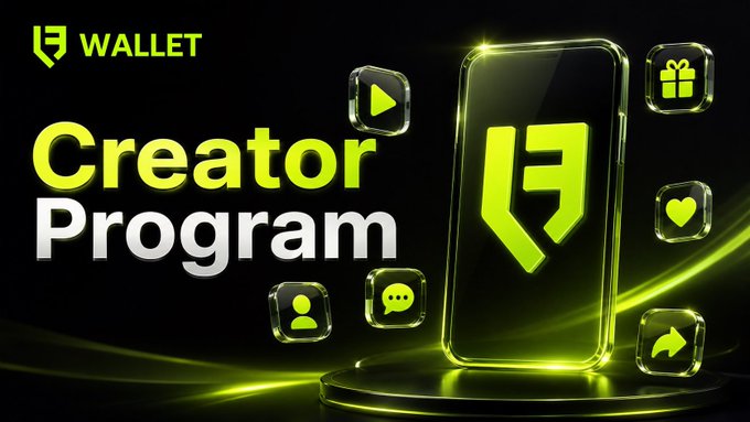 Promotional graphic for the 'Wallet Creator Program' featuring a smartphone displaying a stylized 'L' logo surrounded by green icons including a play button, gift, heart, profile, chat bubble, and arrow.
