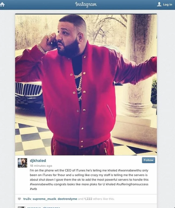 An Instagram post by 'djkhaled' showing him in a red bomber jacket on the phone, with a caption joking that the CEO of iTunes is telling him they want him to be on iThunes.