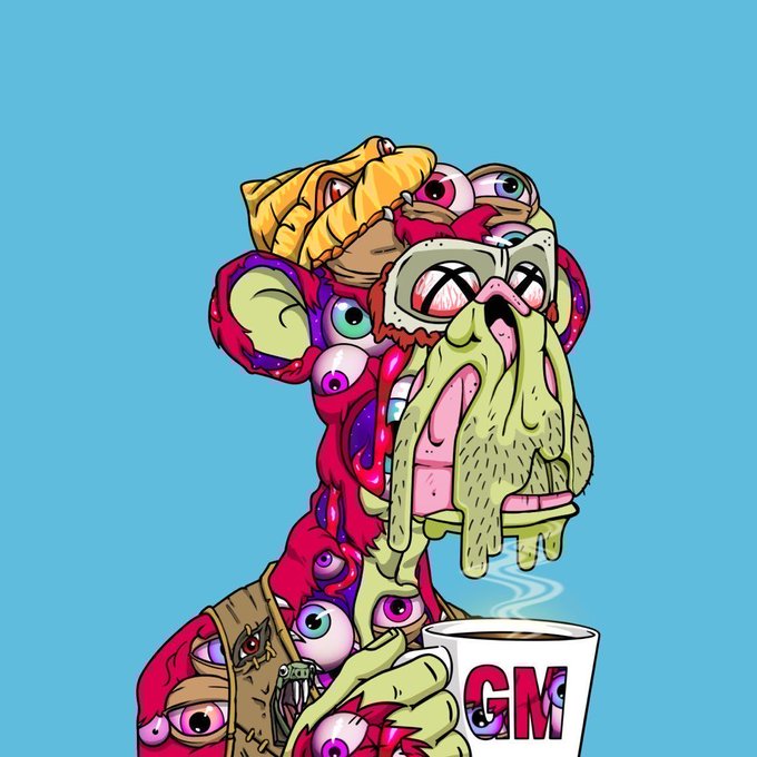A surreal cartoon illustration of a grotesque green creature with multiple eyes, a book, and dripping features, holding a white mug labeled 'GM' against a light blue background.