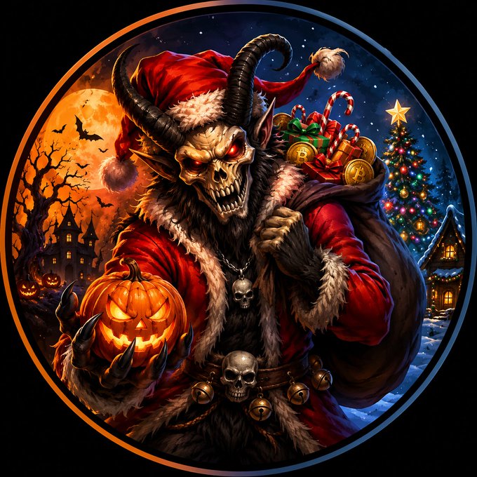 A dark fantasy illustration in a circular frame depicts a demonic Santa Claus wearing a horned hat and red suit, carrying a jack-o'-lantern and a sack of gifts and Bitcoin coins.