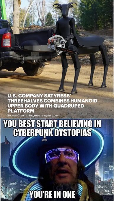 A meme showing a humanoid quadruped robot ("Satyrness' ThreeHalves" by U.S. company Satyrness) paired with a cyberpunk cowboy image captioned "YOU BEST START BELIEVING IN CYBERPUNK DYSTOPIAS YOU'RE IN ONE," referencing the futuristic, dystopian vibe of emerging tech like robotics — thematically linked to the post's mention of watching $VIBE as a forward-looking community-driven play amid noisy speculation.