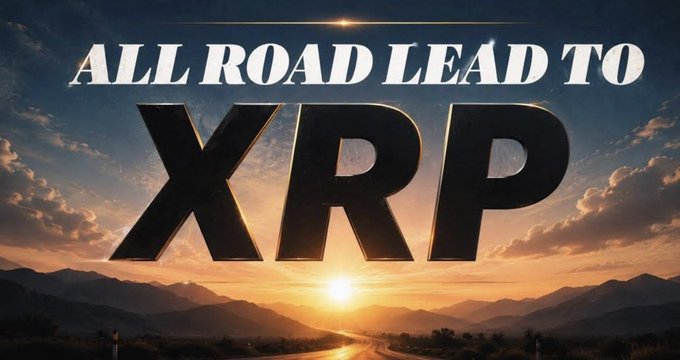 A dramatic landscape image at sunset with large metallic text overlaid reading 'ALL ROAD LEAD TO XRP', featuring mountains and a winding road.
