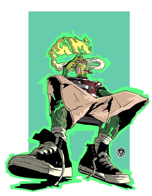 A stylized cartoon illustration of a character with green skin, spiky yellow hair, baggy shorts, and black high-top sneakers against a teal background.