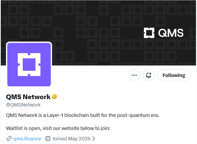 A Twitter/X profile page for 'QMS Network' (@QMSNetwork) with a purple and white logo, describing it as 'a Layer-1 blockchain built for the post-quantum era' with the website qms.finance.