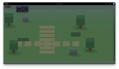 A top-down view of a procedurally generated voxel-style game environment featuring trees, stone paths, and a central green character model surrounded by dynamic particle effects, showcasing improved lighting, shadows, and updated terrain design from the creator's The Sandbox Game project.