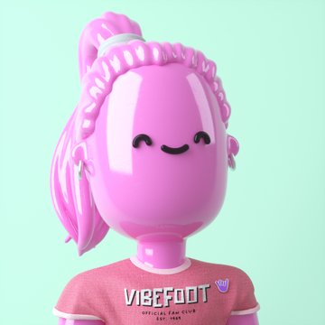 A glossy pink 3D character with a ponytail and a "winking smile" smiley face wears a pink t-shirt reading "VIBE FOOT FAN CLUB" against a mint green background, visually representing one of the grail purchases mentioned in the post, specifically the Vibefoot Fan Club item listed at 2.5 eth.