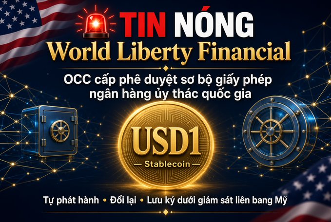 A promotional graphic with Vietnamese text 'TIN NÓNG' (Hot News) and 'World Liberty Financial', featuring a gold 'USD1 Stablecoin' coin, an American flag, and images of safes.