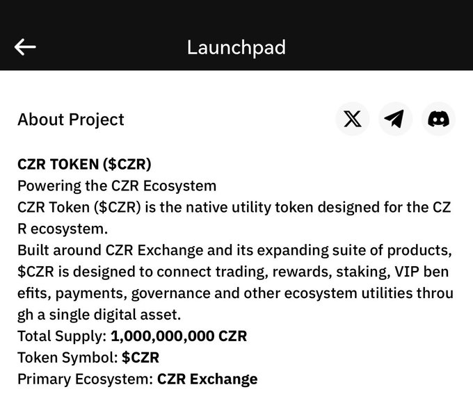 A screenshot of a mobile app page titled 'Launchpad' describing the 'CZR TOKEN ($CZR)' and 'CZR Exchange' ecosystem, with a total supply of 1,000,000,000 CZR.