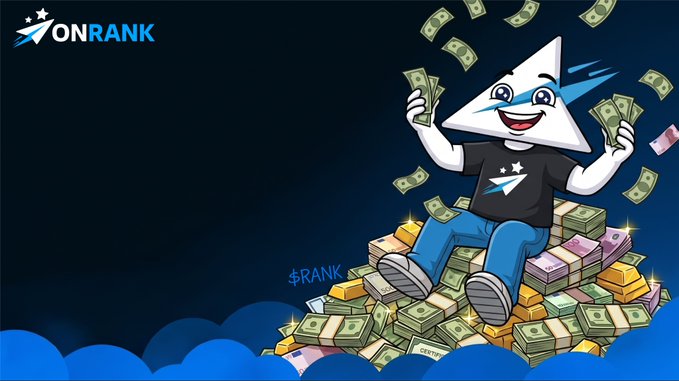 A promotional graphic for "ONRANK" featuring a cartoon mascot character with a star-shaped head sitting on a mound of money (cash bundles), with the hashtag "$RANK" nearby.