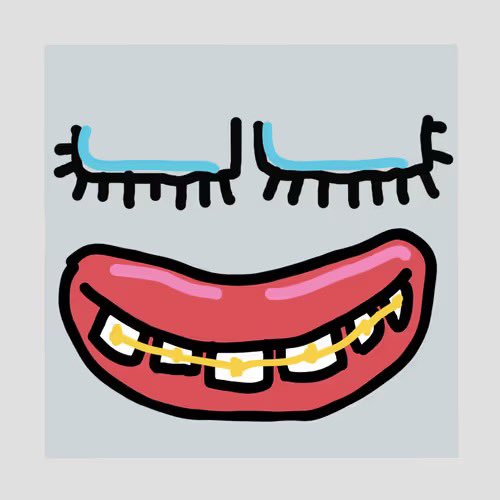 The image features a cartoon illustration of a smiling mouth with dental braces, accompanied by detached black eyelashes and blue eyes floating above it. The braces and friendly grin tie into the post's lighthearted tone, where the commenter humorously references being "not eligible" for a mint while playfully asking the community to "send it higher," using the cute braces art as a visual metaphor for their enthusiastic support.