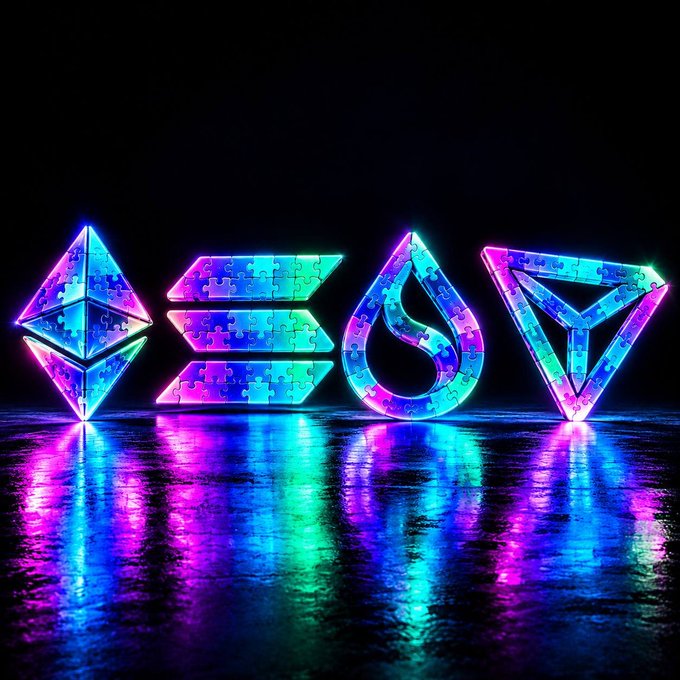 Four illuminated neon puzzle-shaped cryptocurrency logos—Ethereum (ETH), Solana (SOL), and Tron (TRX)—glow in vibrant blue, purple, and cyan tones against a dark background, their colorful reflections shimmering on the wet surface below. The image ties to the "which layer are you picking" post by visually presenting different blockchain layers/protocols as choice options, inviting viewers to decide which ecosystem to support.