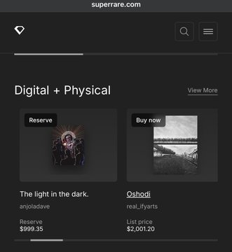 A SuperRare homepage screenshot showcasing the "Digital + Physical" collection, featuring two artworks—anjodaclave's "The light in the dark." reserved for $999.55 and real_Ifyarts's "Oshodi" listed for $2,001.20—aligning with the post highlighting real_Ifyarts's featured piece on the platform's new homepage.