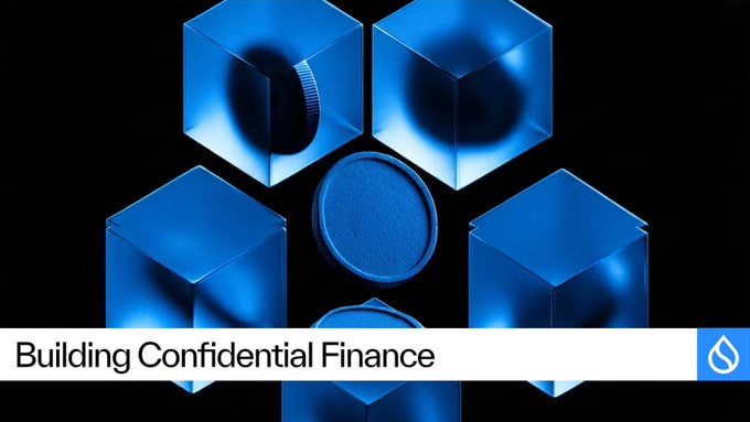 A promotional image for Sui blockchain titled 'Building Confidential Finance' featuring blue translucent cubes and dark spheres on a black background.
