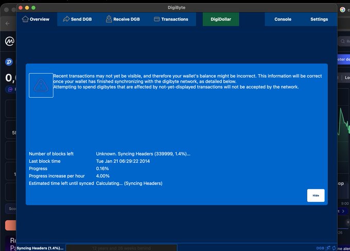 A screenshot of the DigiByte wallet application displays a warning that 'Recent transactions may not yet be visible,' showing it is 'Syncing Headers (339999, 1.4%)' with a last block time of 'Tue Jan 21 06:29:22 2014'.