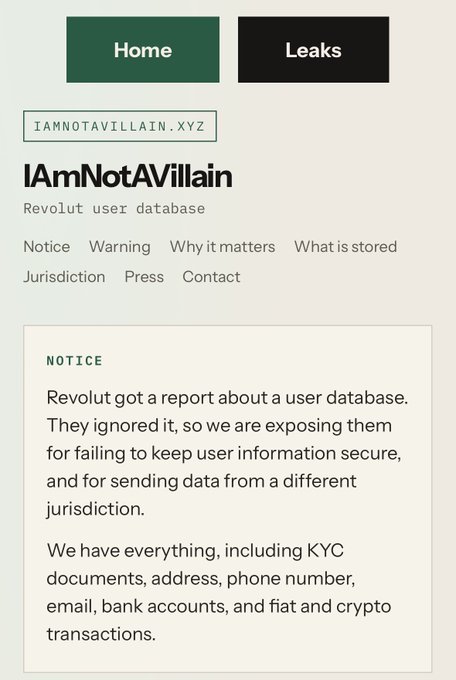 The image shows a website from "iamnotavillain.xyz" titled "IAmNotAVillain - Revolut user database," where the threat actors claim to be exposing Revolut for ignoring a security report and leaking stolen user data including KYC documents, addresses, phone numbers, emails, bank accounts, and transaction histories. This directly relates to the post about attackers leaking Revolut customer passports and KYC selfies while demanding payment from the company.